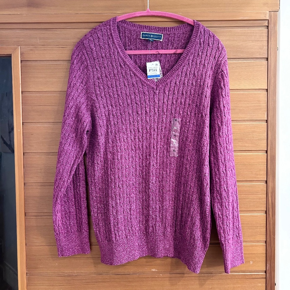 NWT Purple Size XL Karen Scott V Neck Long Sleeve Sweater Knit Comfortable Soft